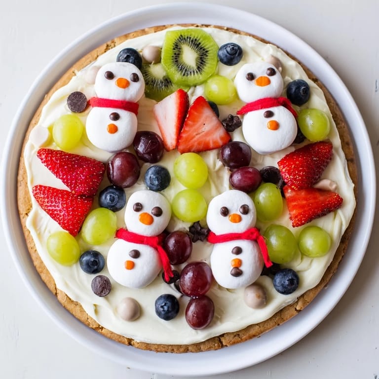 Enjoy a colorful Melting Snowman Fruit Pizza, featuring a cookie base covered in creamy frosting and fun fruit snowmen.