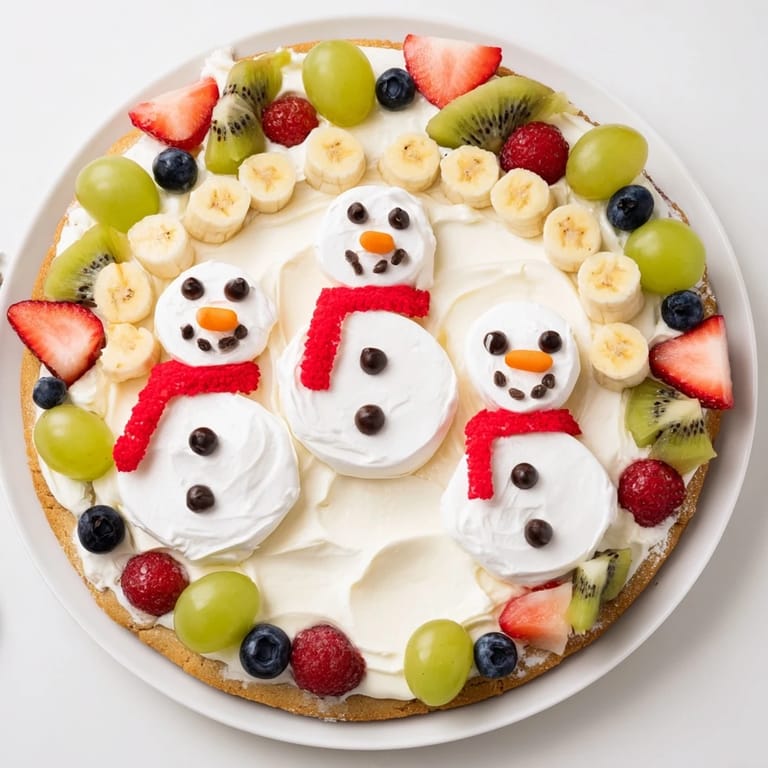 This delightful Melting Snowman Fruit Pizza combines sugar cookies and vibrant fruit, perfect for a whimsical winter treat.
