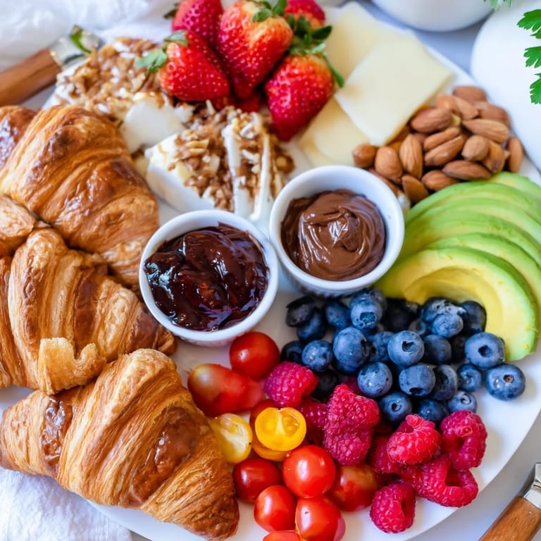 Delicious details: A loaded cozy fireplace croissant board with berries, cheese, and warm, golden croissants.