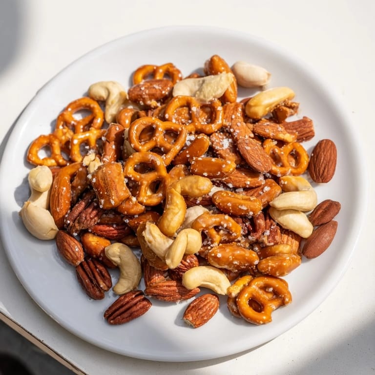 Close-up of freshly baked salted caramel pretzels and nuts, showing a glossy caramel coating.