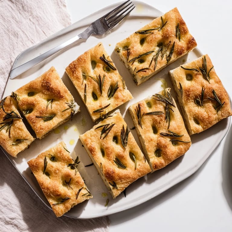This warm, crusty Holiday Bread focaccia is garnished with sprigs of fresh rosemary and sea salt.