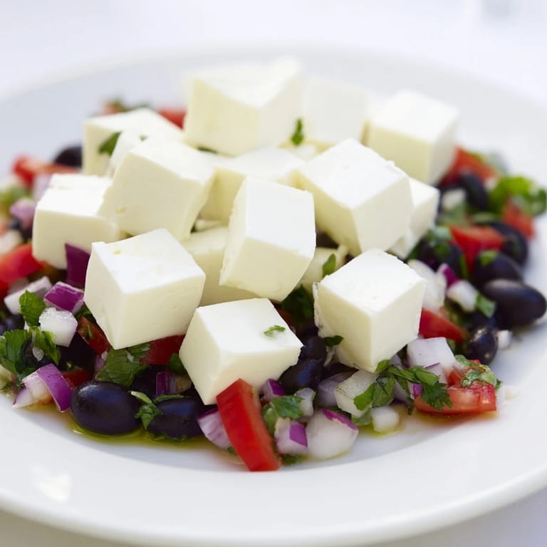 A close-up of Pepper Jack cheese cubes with a fresh, flavorful black bean salsa, ready to eat.