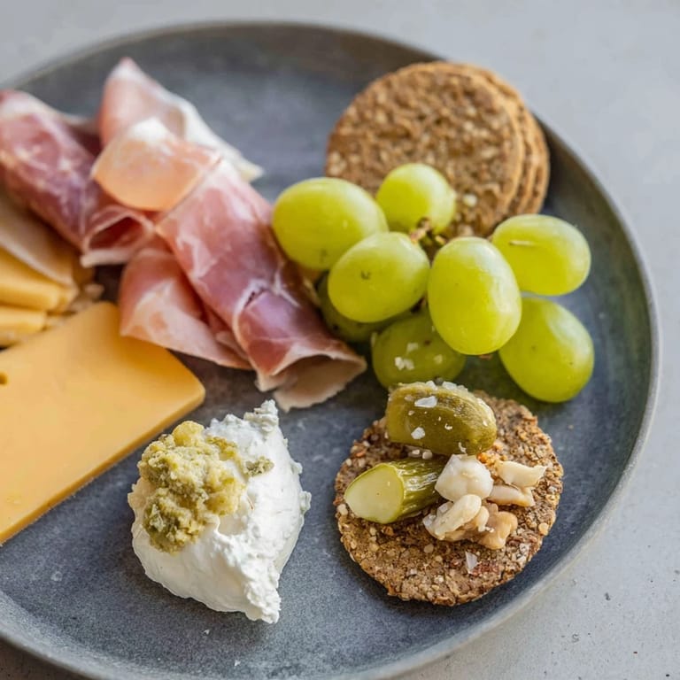A visually appealing The Charcuterie Board for One featuring prosciutto, brie, and yummy accompaniments.