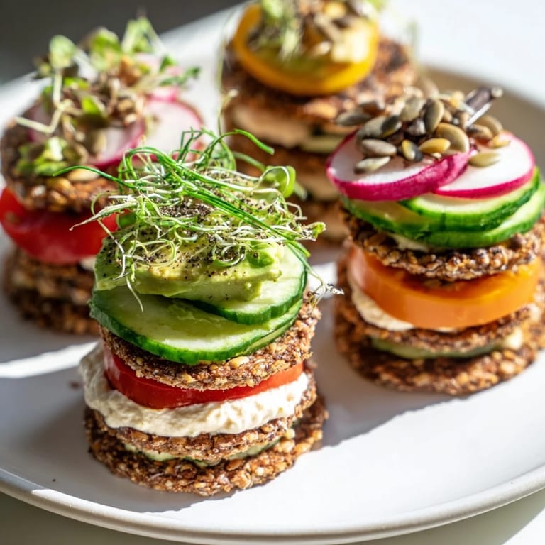 A stunning Gluten-Free Gourmet Tower appetizer with textures of crackers, bread, and creamy spreads, topped with chives.