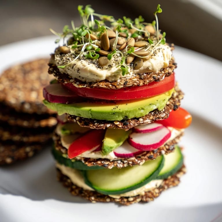 Freshly assembled Gluten-Free Gourmet Tower boasts alternating layers of flavorful toppings and gluten-free delights ready to amaze.