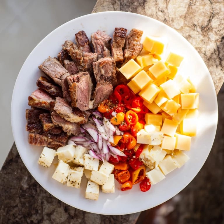 Vibrant image shows a keto power plate with a delicious selection of meats, cheeses, and savory vegetables.
