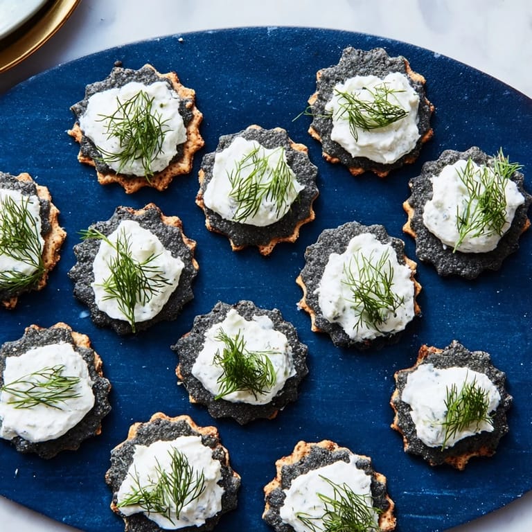 A close-up view of The Stormy Sea appetizer, creamy cheese on dark crackers, garnished with dill.