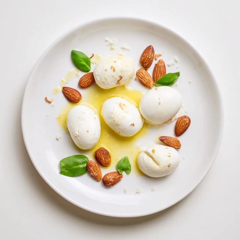 Imagine the charming The Polished Pebble: a cheese platter with almonds beside fresh basil, ready to serve!