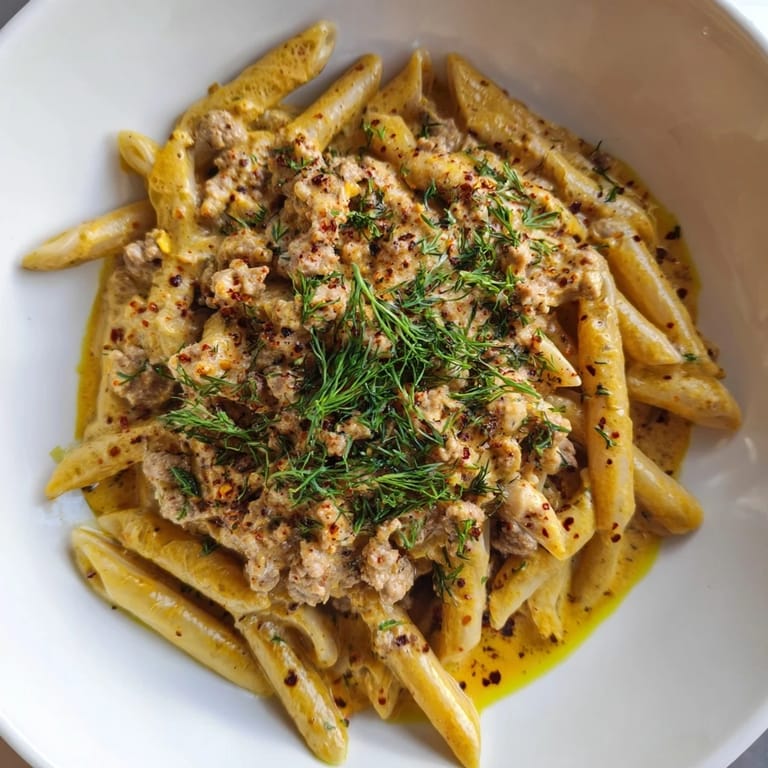A close-up shot of plated Turkish pasta with ground turkey, a vibrant, flavorful entrée.
