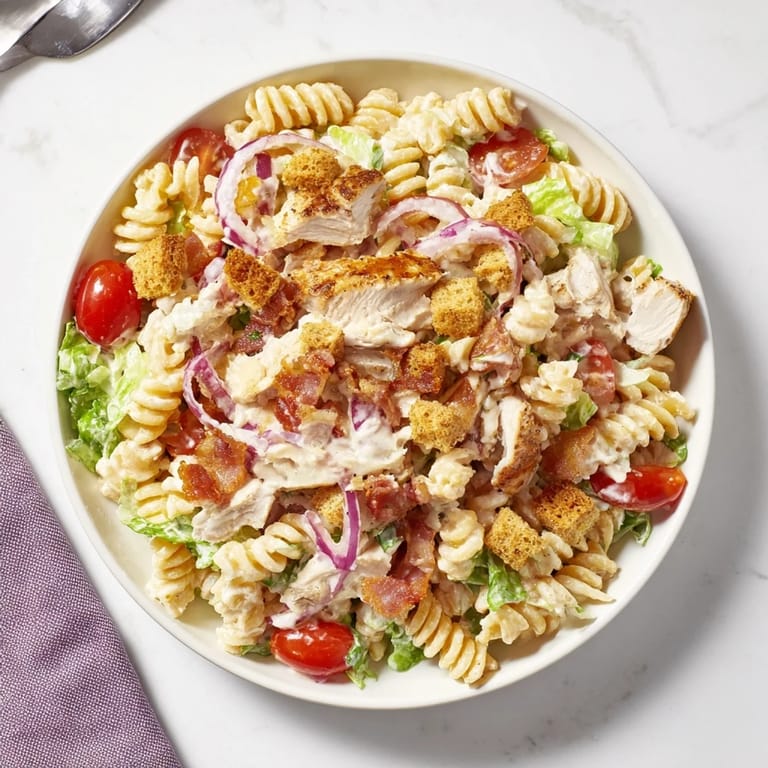 Freshly grated Parmesan is sprinkled over a beautiful bowl of Chicken Caesar Pasta Salad at lunchtime.