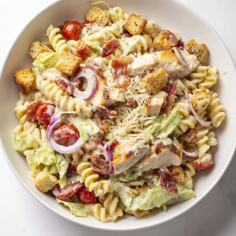 The creamy Caesar dressing coats the rotini in this delicious Chicken Caesar Pasta Salad recipe.