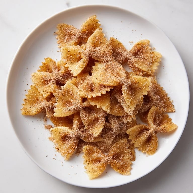 Bowtie pasta transformed into delicious Air Fryer Pasta Christmas Crack, coated with cinnamon sugar.
