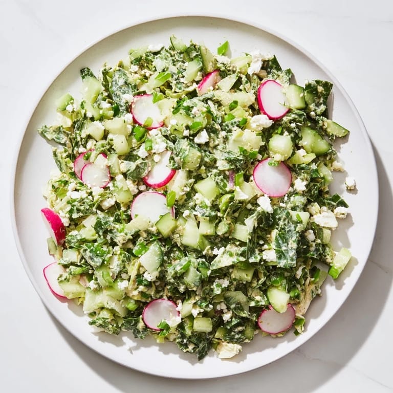 Close-up of Green Goddess Cabbage Dip, a colorful mix of chopped cabbage and creamy green dressing; yum!
