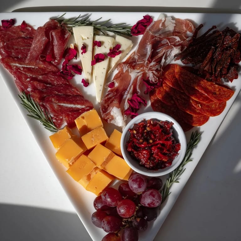 Vivid close-up of The Crimson Crest, a charcuterie board with beautifully arranged meats and cheeses.