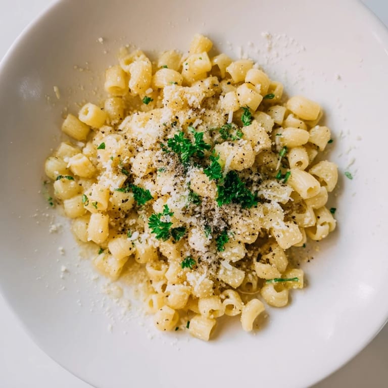 Golden strands of ditalini pasta in one-pot garlic butter sauce, ready to be served and enjoyed.