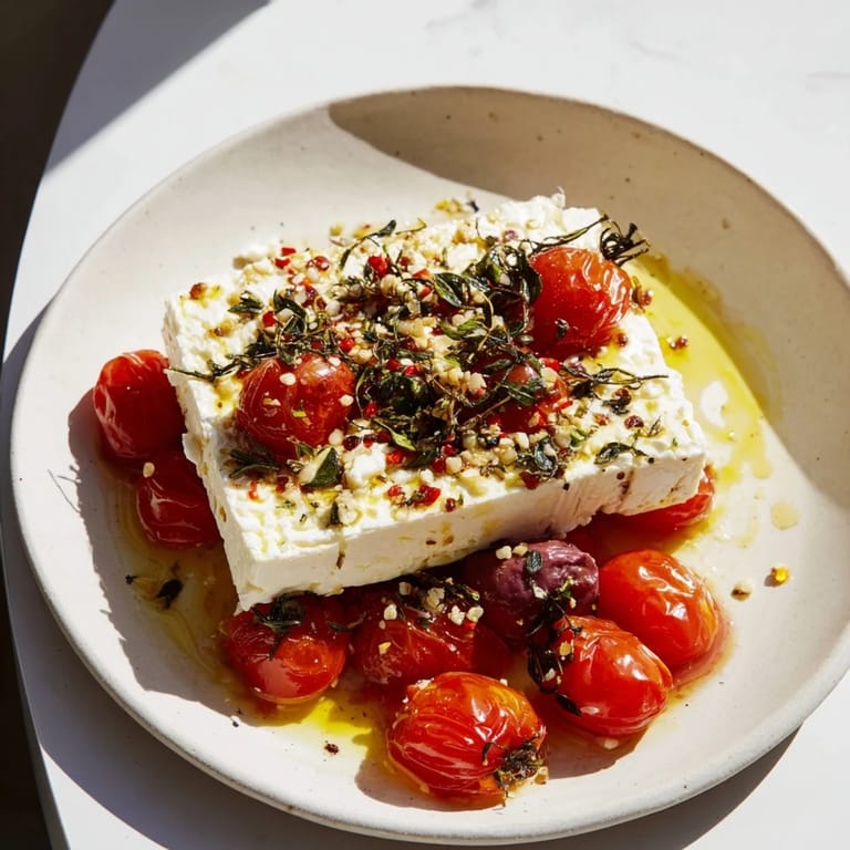 Golden roasted Baked Feta 2.0 with bubbly cheese and sweet honey, ready for pasta.