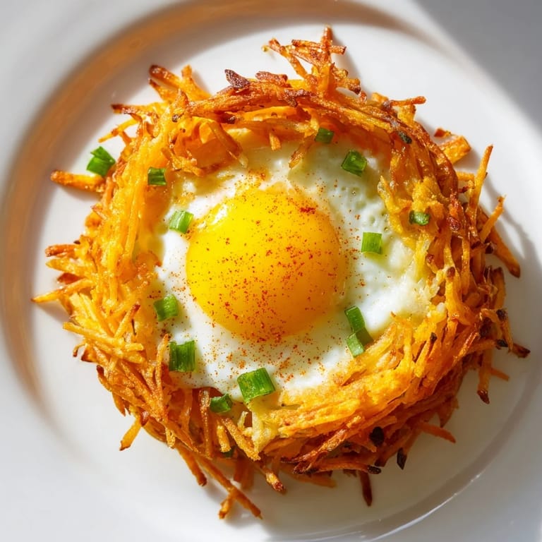 Perfectly formed Crispy Hashbrown Egg Nests with a golden crust and a melty cheddar cheese center.