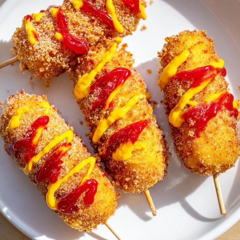 A close-up of a Korean-Inspired Corn Dog, perfectly fried and offering a satisfying crunch.