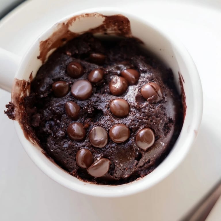 A single-serving, decadent Mug Brownie, swirled with melted chocolate chips, awaits in a white mug.