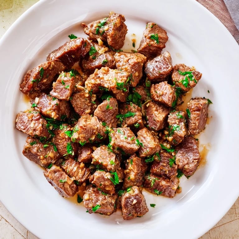 Close-up of golden brown Air-Fryer Garlic-Butter Steak Bites, illustrating a quick and easy recipe with herbs.