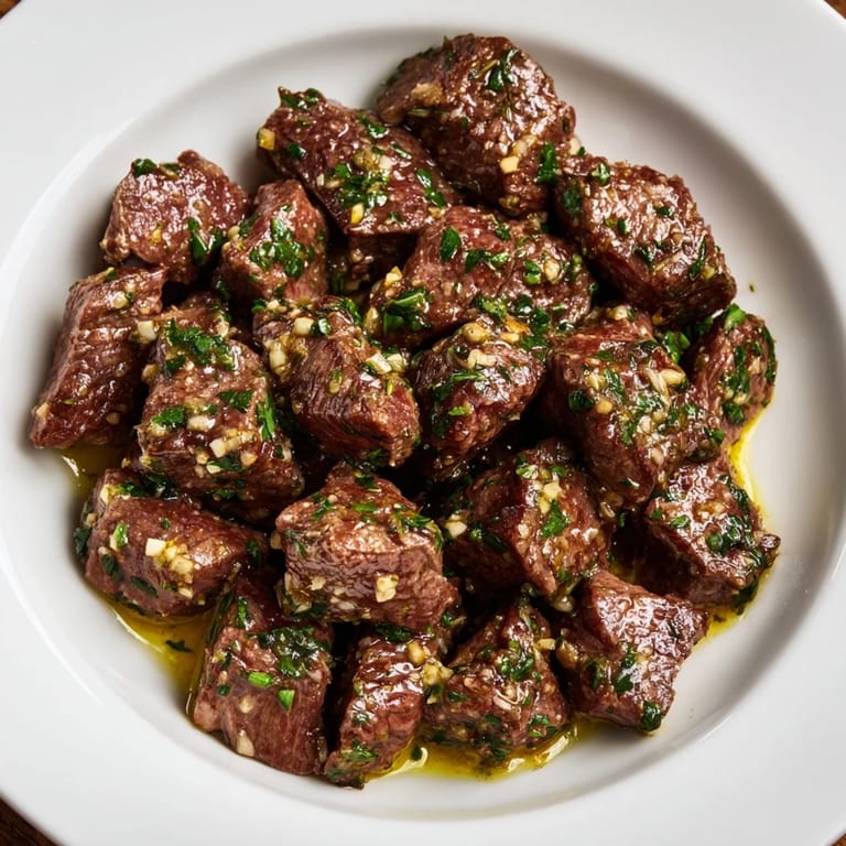 Tender, browned Air-Fryer Garlic-Butter Steak Bites, showcasing the perfect medium-rare cook for serving.