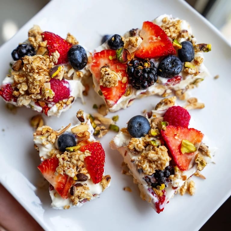 Refreshing berry yogurt bark, visually appealing with layered yogurt, colorful berries, and crunchy toppings.