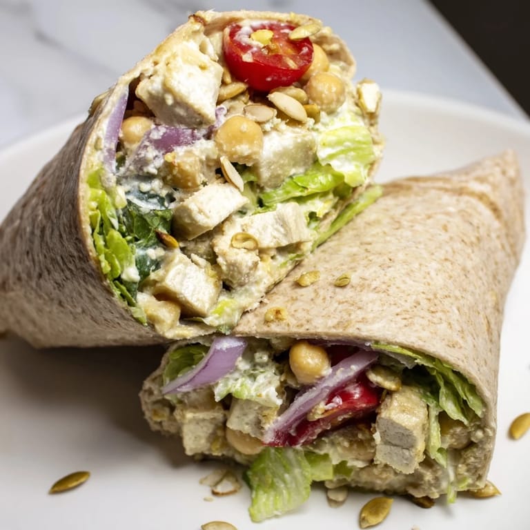 A close-up shot of a delicious High-Protein Chicken-less Caesar Wrap, ready to be sliced and enjoyed.
