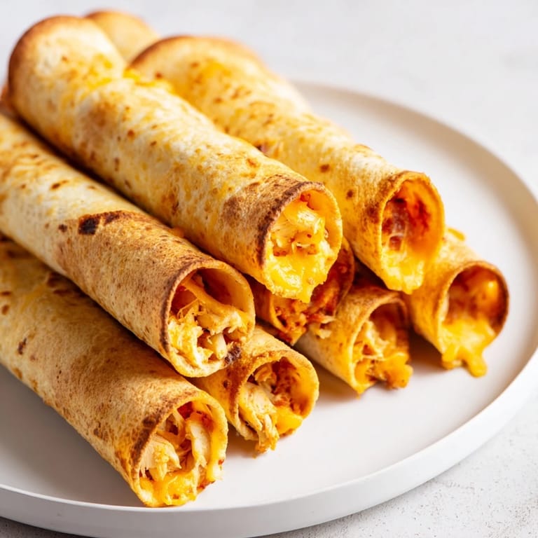 Savory chicken and cheese filling spilling from freshly made Air Fryer Taquitos, perfect for a quick dinner.