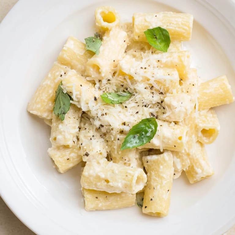 Warm, homemade cottage cheese pasta served, garnished and ready to enjoy as a quick lunch.