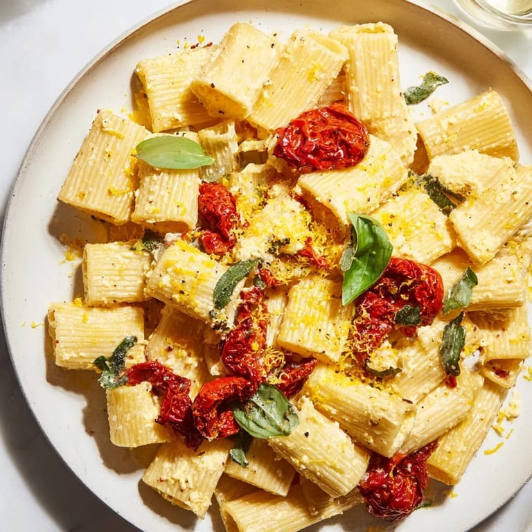 Close-up of the delicious Baked Feta Pasta; the creamy feta sauce coats the pasta beautifully.