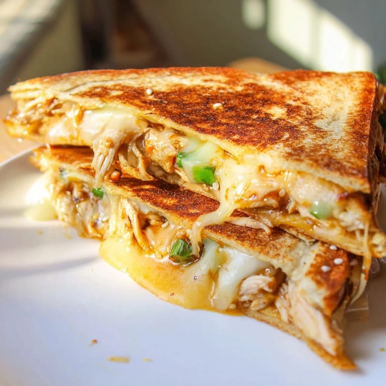 Perfectly grilled Korean BBQ Chicken Wrap Grilled Cheese, served hot, ready to savor every delicious bite.