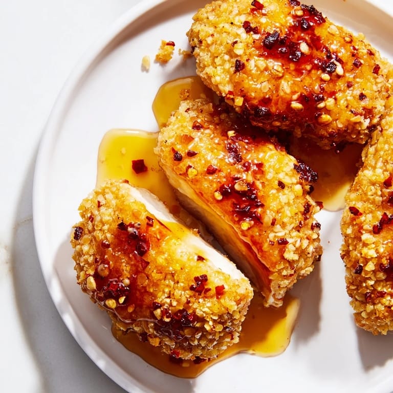 Plump, golden-brown Hot Honey Crispy Chicken Thighs glistening with a flavorful, warm honey glaze.