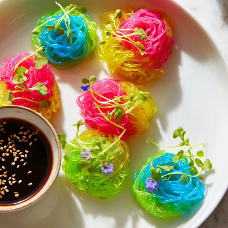 Imagine colorful Neon Noodle Clouds: Slender, jiggly noodles in vibrant colors, presented alongside dipping sauce.