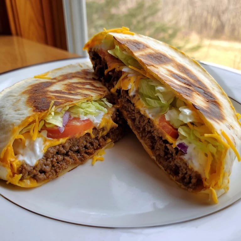 Imagine a close-up of this golden-brown Taco Bell Crunchwrap Supreme, ready to eat, with fresh garnishes.