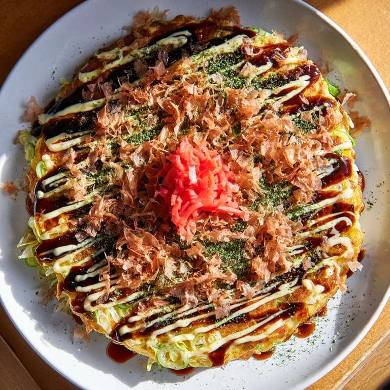 A close-up of savory okonomiyaki pancakes, featuring shredded cabbage and a creamy mayonnaise drizzle for extra flavor.