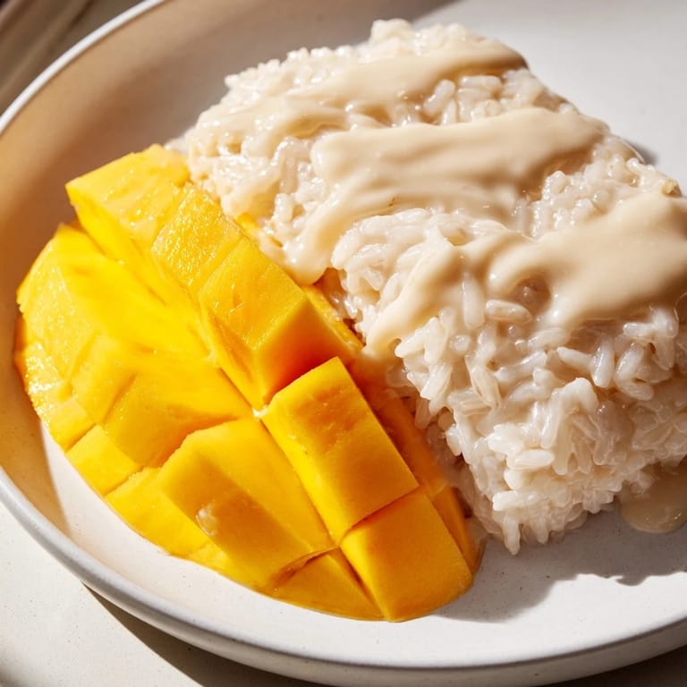 Delectable close-up of fragrant Thai Mango Sticky Rice, showcasing creamy coconut rice and sweet mango.