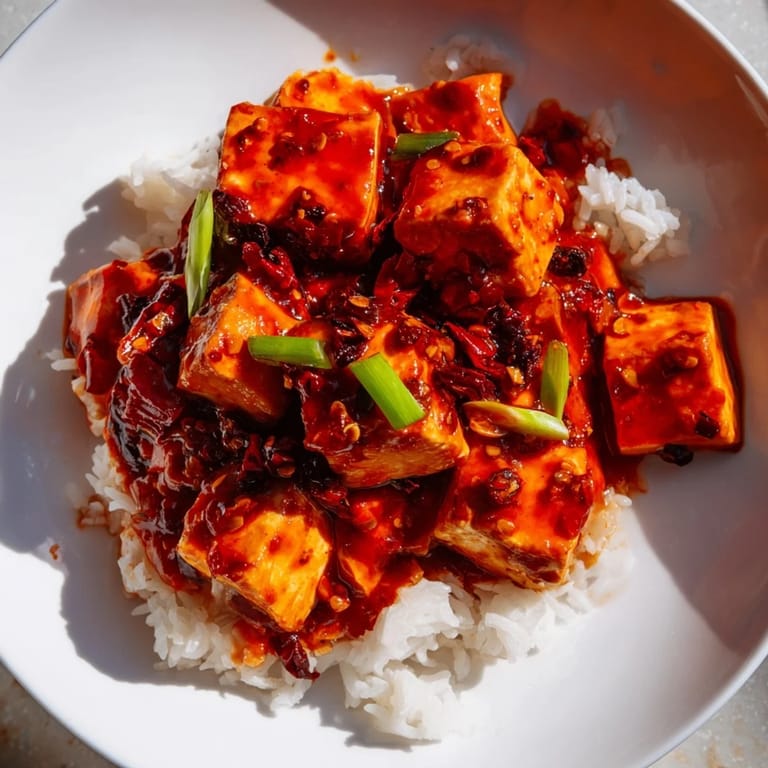 A vibrant close-up depicts the rich, spicy flavors of authentic Mapo Tofu, ready to serve over rice.