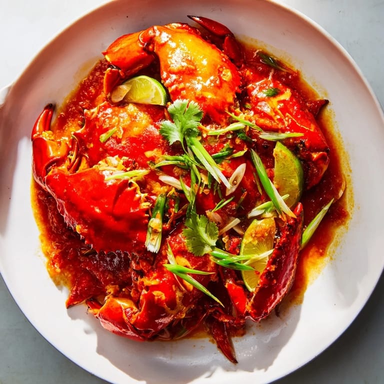 Close-up of succulent Singaporean Chili Crab, served with vibrant green cilantro and lime wedges.