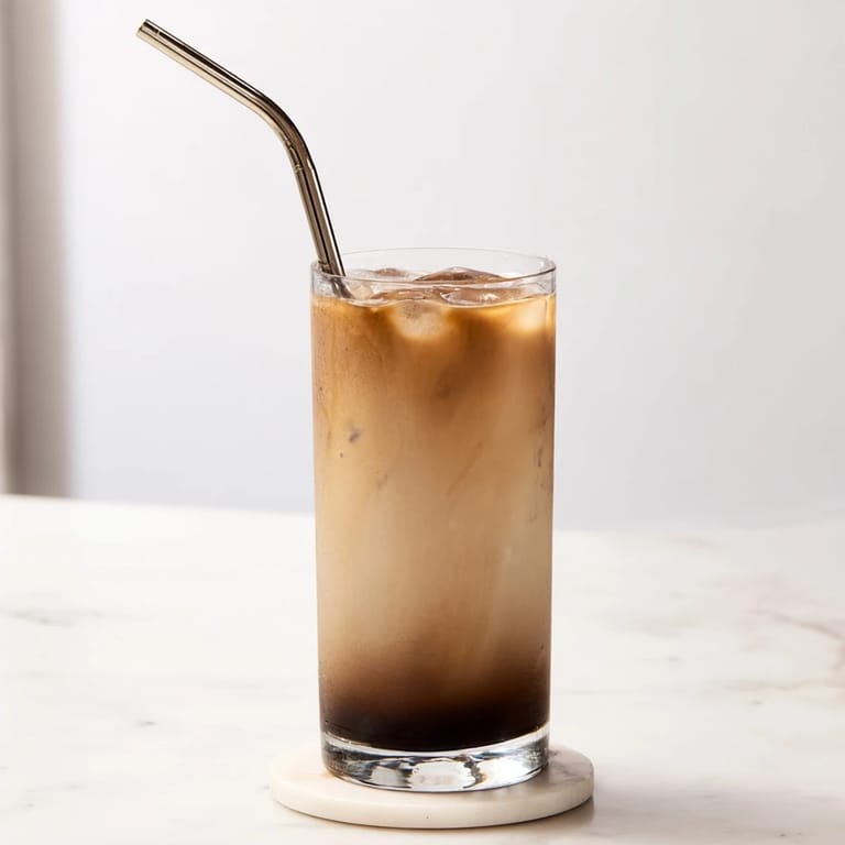 Freshly stirred Milo Ice Latte Hack in a clear glass, with frosty ice cubes and a straw ready for sipping.  