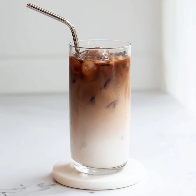Homemade Milo Ice Latte Hack recipe served over ice, garnished with a light dusting of Milo powder on top.