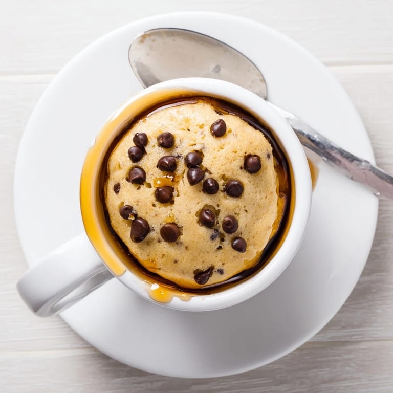 Steam rises from a freshly microwaved mug pancake filled with chocolate chips, served as a quick single-serving breakfast.