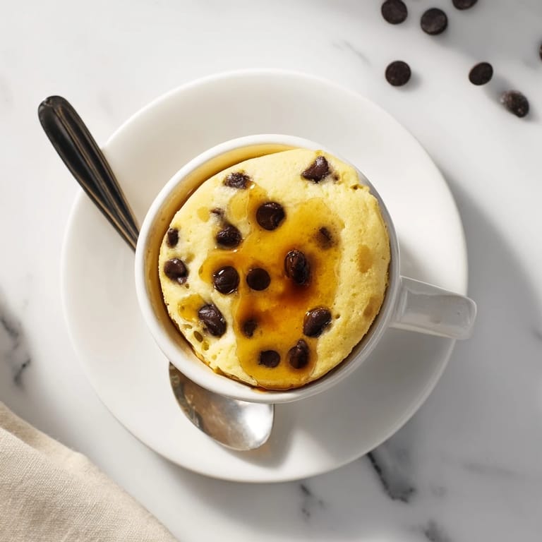 Golden brown microwave mug pancake overflowing from a ceramic mug, garnished with fresh berries and a dusting of powdered sugar.