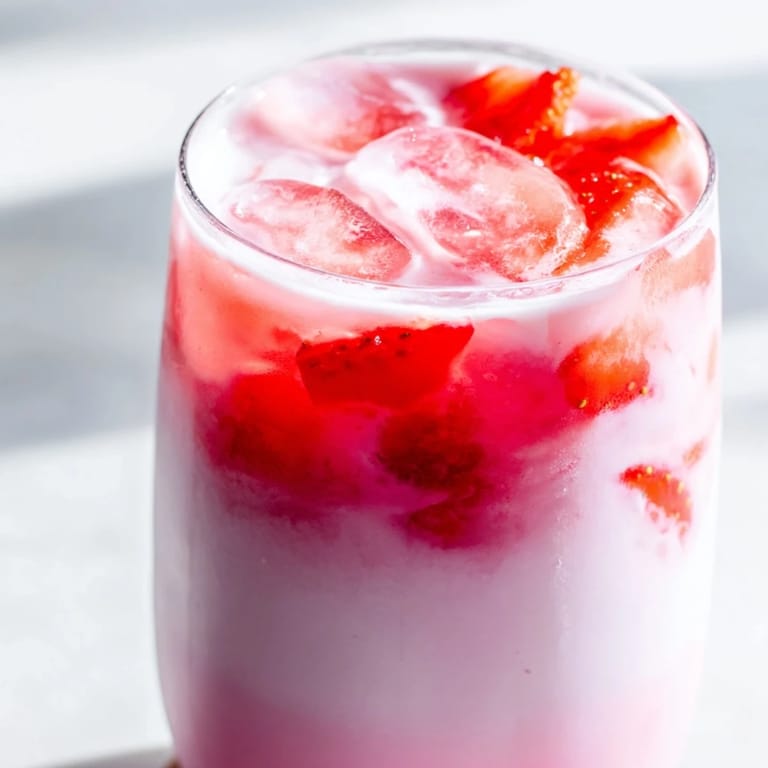 Two glasses of Refresher Copycat Pink Drink garnished with sliced strawberries, ready to enjoy on a warm afternoon.  