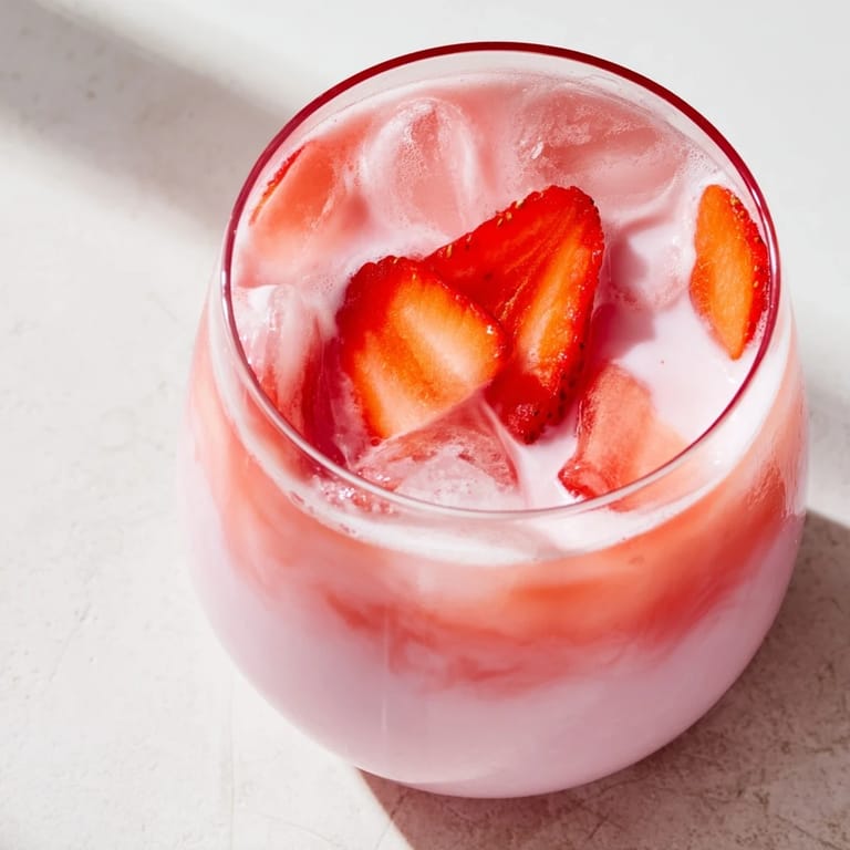 A tall glass of Refresher Copycat Pink Drink with swirling coconut milk and strawberry syrup over ice, capturing a refreshing moment.