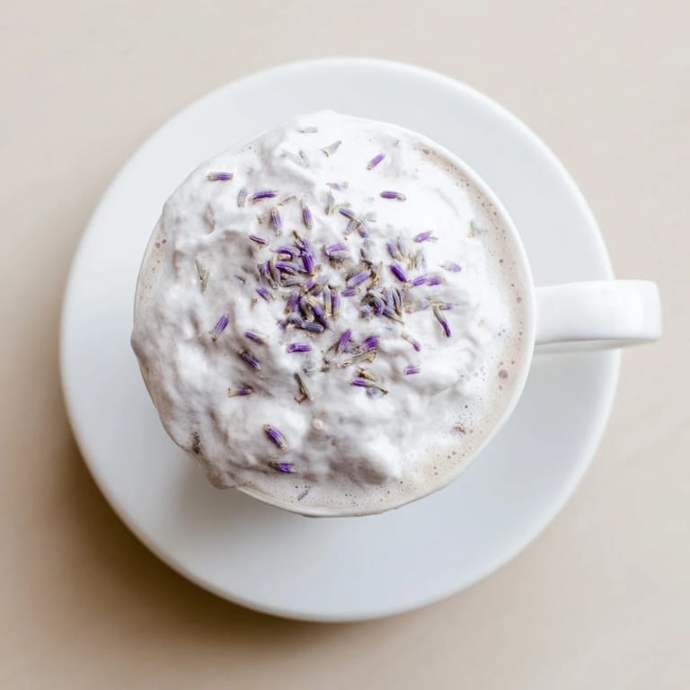 A soothing Whipped Lavender Latte with cloudy foam and a rich espresso base, ideal for a relaxing afternoon.