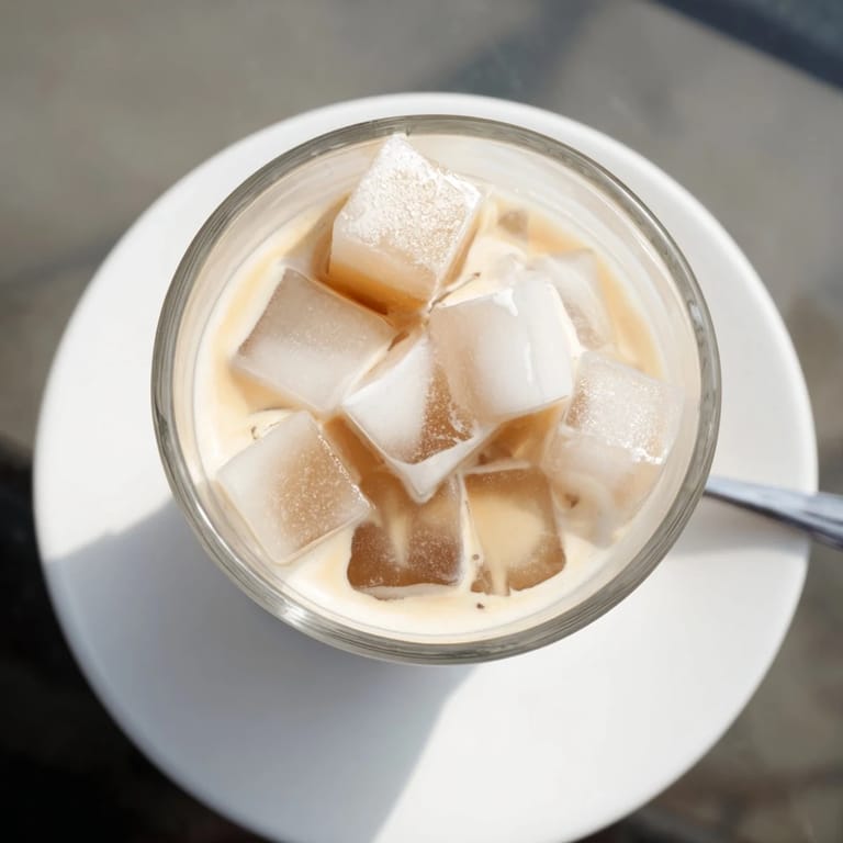 Creamy Coffee Jelly Drink in clear tumblers with ice, condensation on glass, and a dessert spoon nearby.