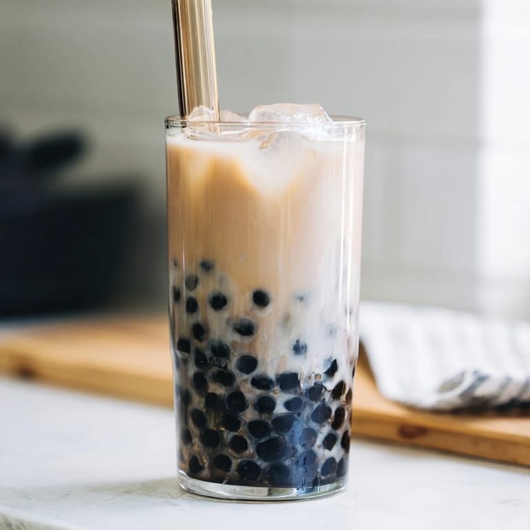 Serving two glasses of Boba Tea Hack, chilled with ice and large straws for sipping bubble tea.