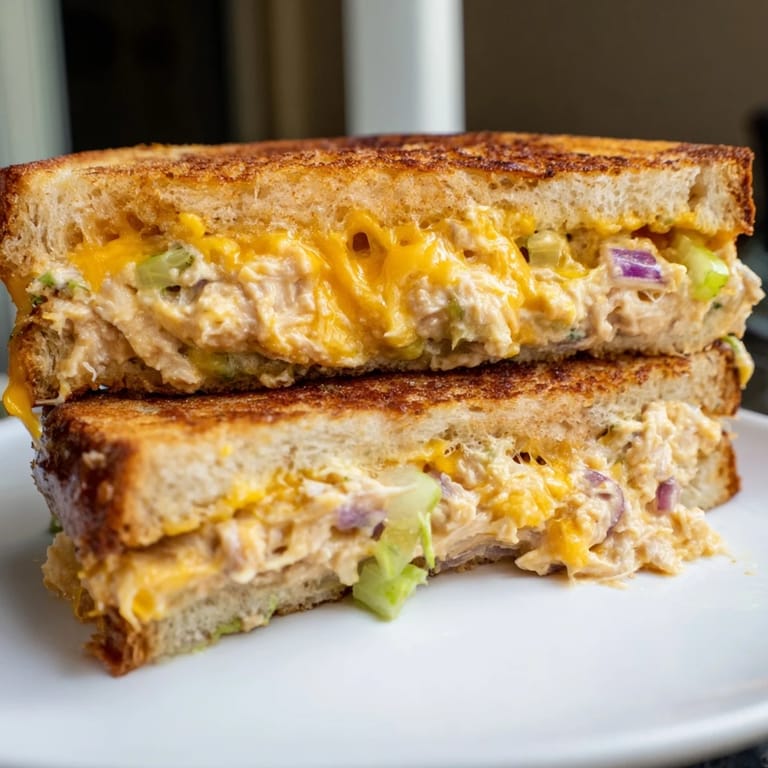 Close-up of a warm Spicy Tuna Melt sandwich, highlighting the spicy tuna salad, melted cheese, and crispy buttery sourdough crust.