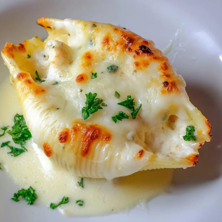 Nestled in a 9x13 baking dish, tender jumbo pasta shells cradle a creamy chicken Alfredo filling.