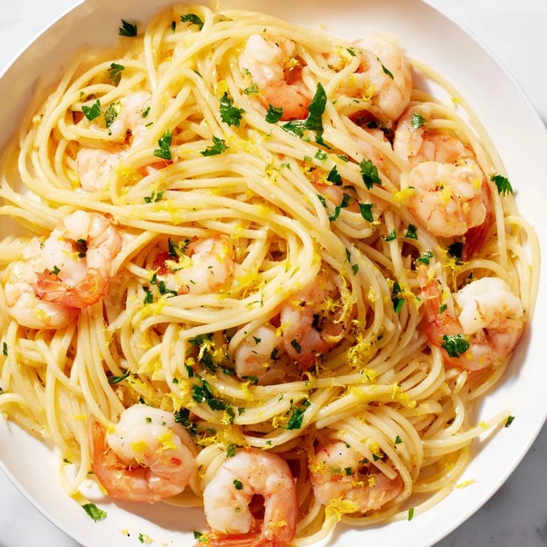 In a large skillet, Lemon Garlic Shrimp Pasta is tossed with minced garlic and lemon zest; steam rises as the buttery sauce coats the noodles.
